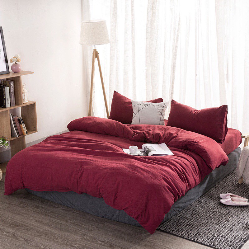 Bộ Chăn Ga Gối Cotton Đũi Đơn Sắc LIDACO Cao Cấp - Đỏ Đô fsd