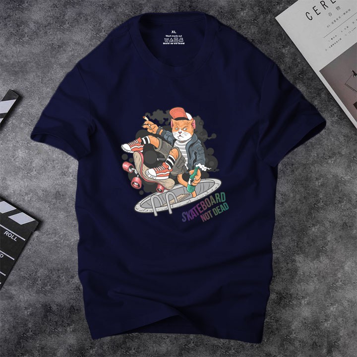 Áo thun cotton nam cổ tròn Depstyle PT124 in hình con mèo CAT lướt ván cực ngầu