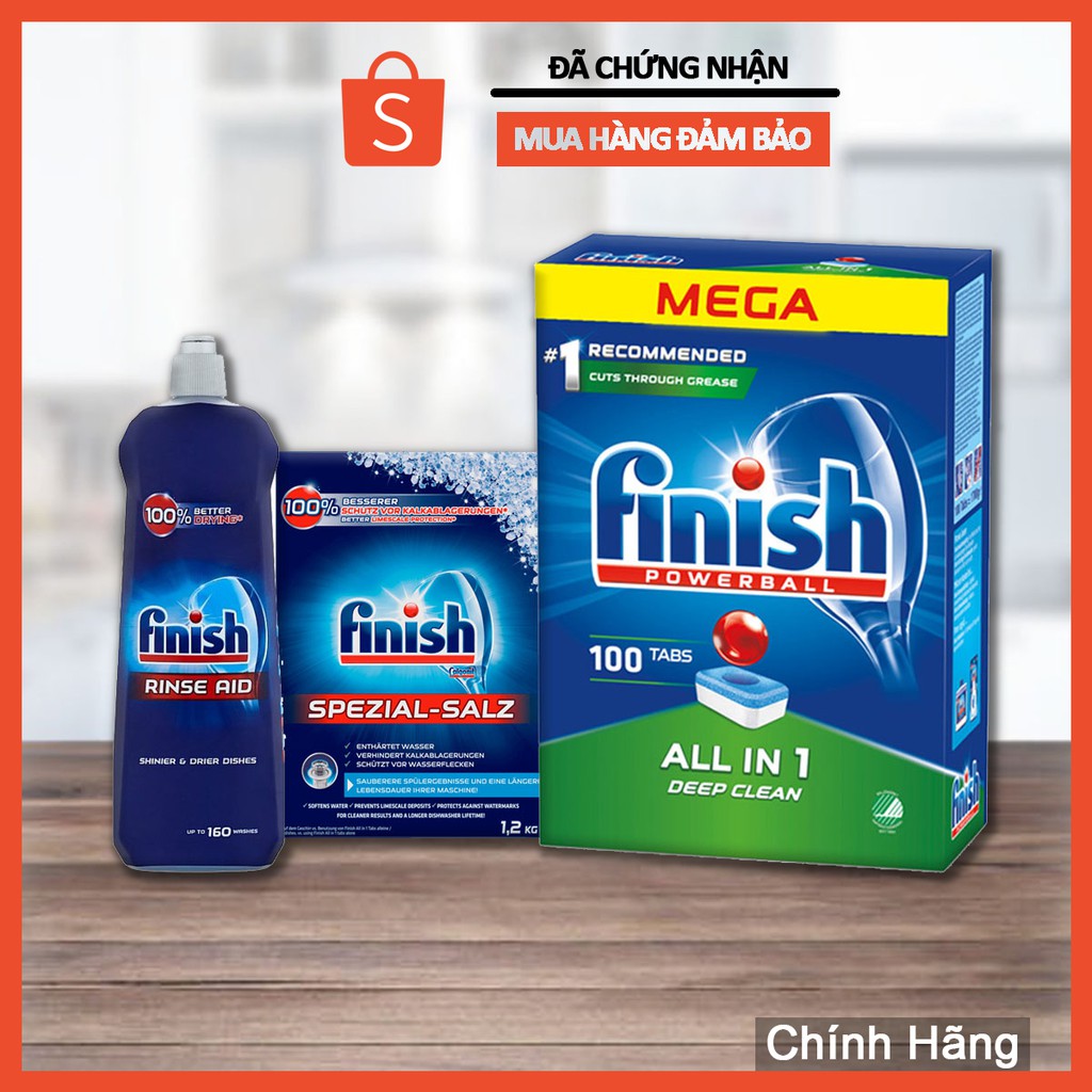 Combo rửa bát Finish All in one 100V + Muối 1.2kg + Nước làm bóng 800ml