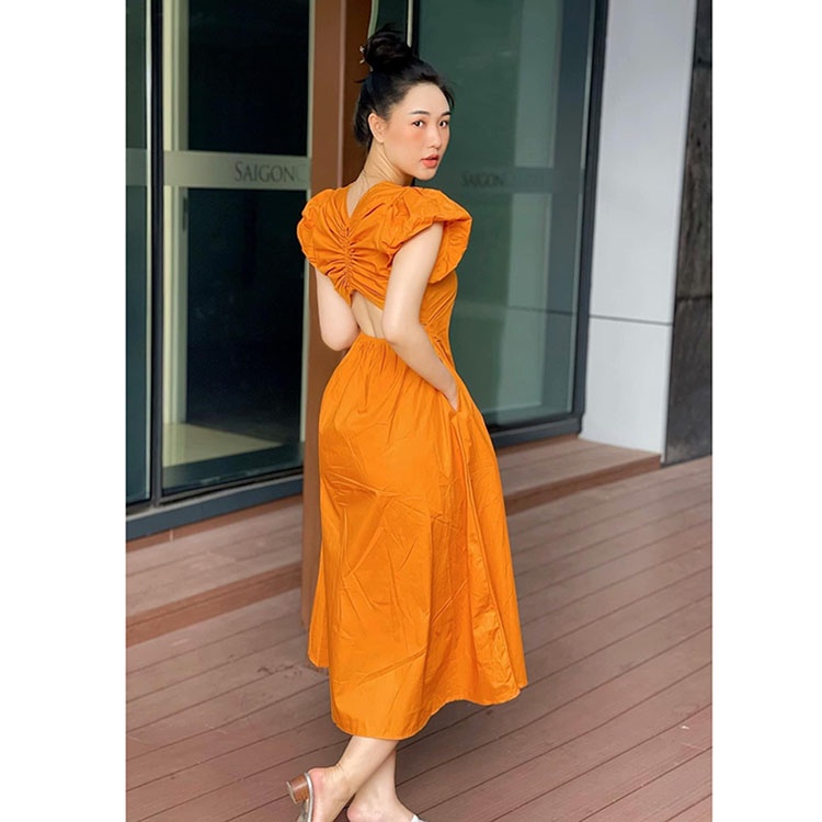 Đầm thô rút dây lưng cổ tròn Váy chiết eo tay bồng tiểu thư sang chảnh | BigBuy360 - bigbuy360.vn