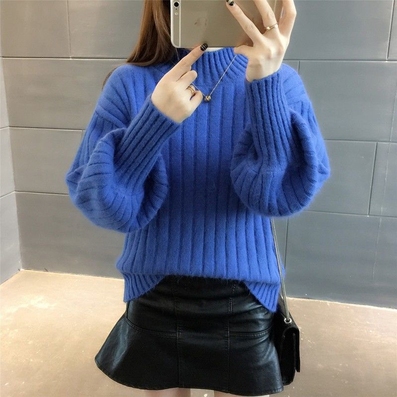 Áo sweater dệt kim cổ lọ tay lồng đèn dáng rộng phong cách Hàn Quốc thời trang thu đông mới cho nữ