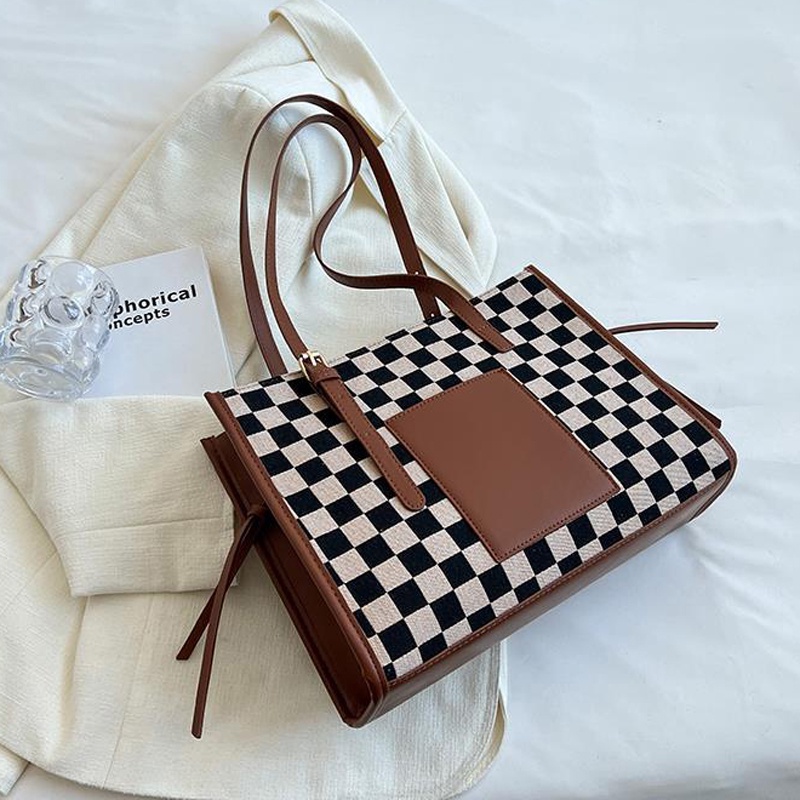 Túi tote đeo vai IELGY họa tiết kẻ sọc ca rô phong cách cổ điển thời trang dành cho nữ
