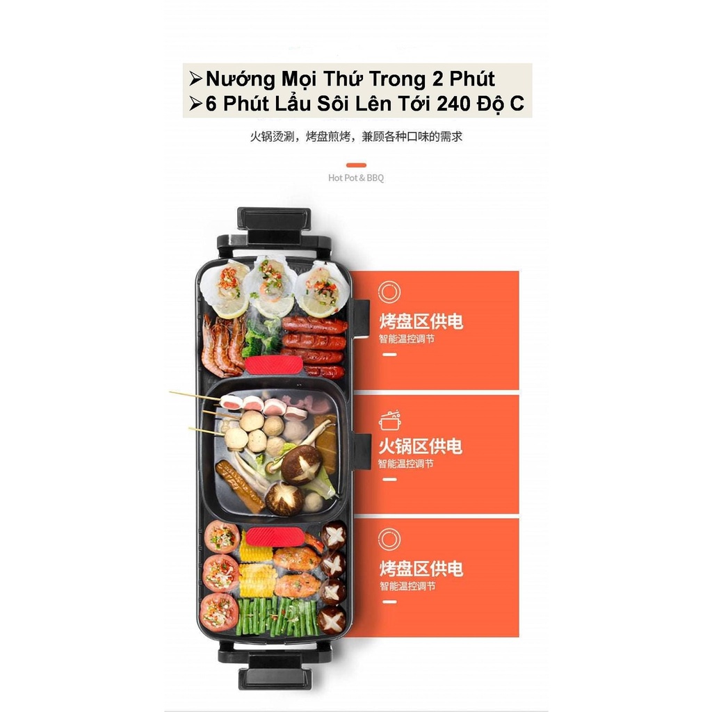 Nồi lẩu nướng 2 ngăn, 3 ngăn kích thước lớn, nồi lẩu to, công xuất 2700W, tiết kiệm điện năng, an toàn sức khỏe