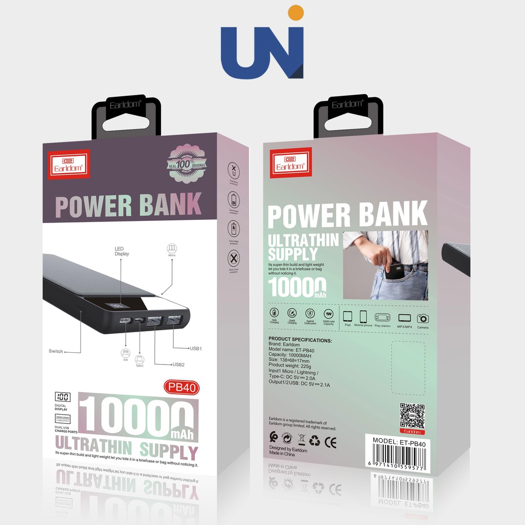 Pin Sạc Dự Phòng Earldom Dung Lượng 10.000mAh AH-40 (2 cổng USB, 1 TypeC, 1 Lightning) nhỏ gọn tiện lợi | BigBuy360 - bigbuy360.vn