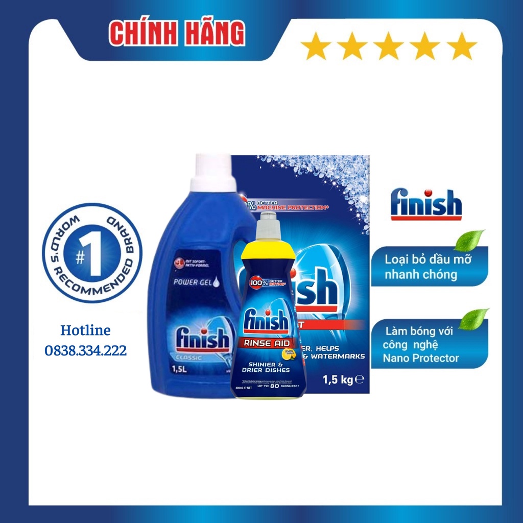 [HCM] Combo: Gel rửa chén bát 1.5L Classic + Muối Finish 1.5kg + Nước làm bóng Finish 400ml Chính hãng