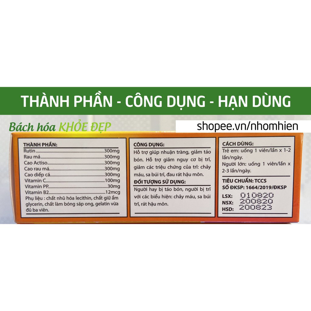 Viên uống Rutin C Rau Má giảm nóng trong, giảm táo bón, tiêu trĩ - Hộp 30 viên