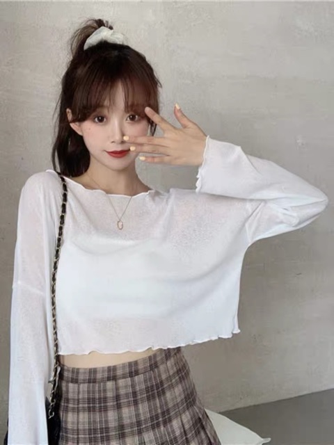 Áo croptop tay dài ulzzang_Hình thật / Áo croptop mỏng nhún eo cổ form rộng