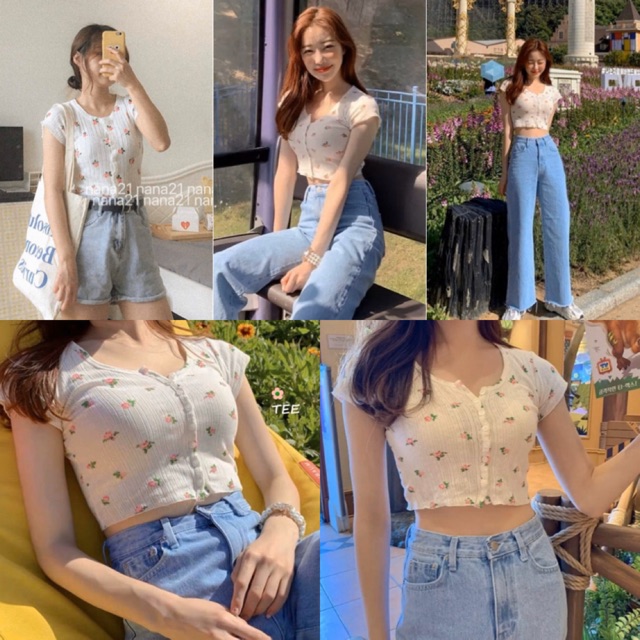 Áo kiểu Flower croptop hoạ tiết hoa nhí màu ngọt hàng nhập quảng châu chất bao đẹp dễ mix from chuẩn chất vải co giãn