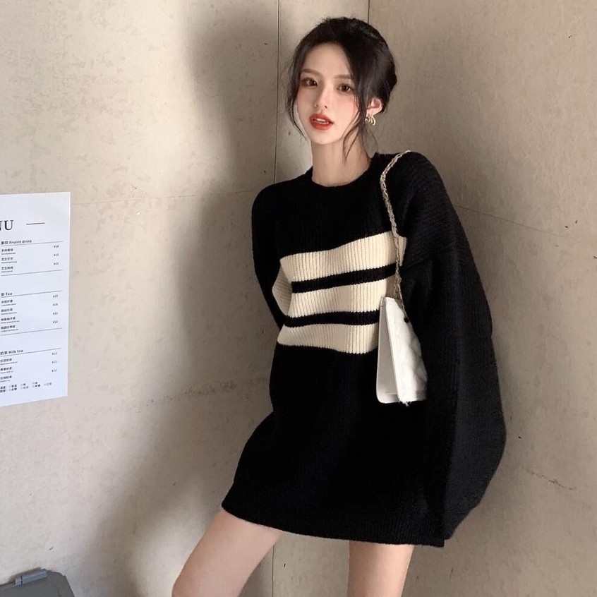 QADCOL Áo sweater chui đầu cỡ lớn kẻ sọc màu sắc tương phản cho bạn nữ
