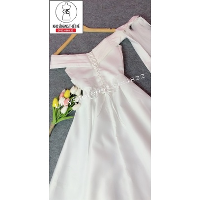 ĐẦM XOÈ MẶC CƯỚI BẸT VAI KÈM LÚP NƠ LƯỚI CÀI TÓC full size S/M/L/Xl