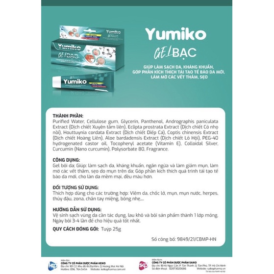 Gel bạc Yumiko kháng khuẩn, tái tạo da, ngừa thâm sẹo, an toàn cho trẻ sơ sinh tuýp 25g