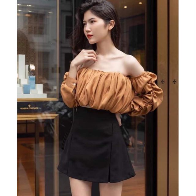 Set áo bệt vai mix váy