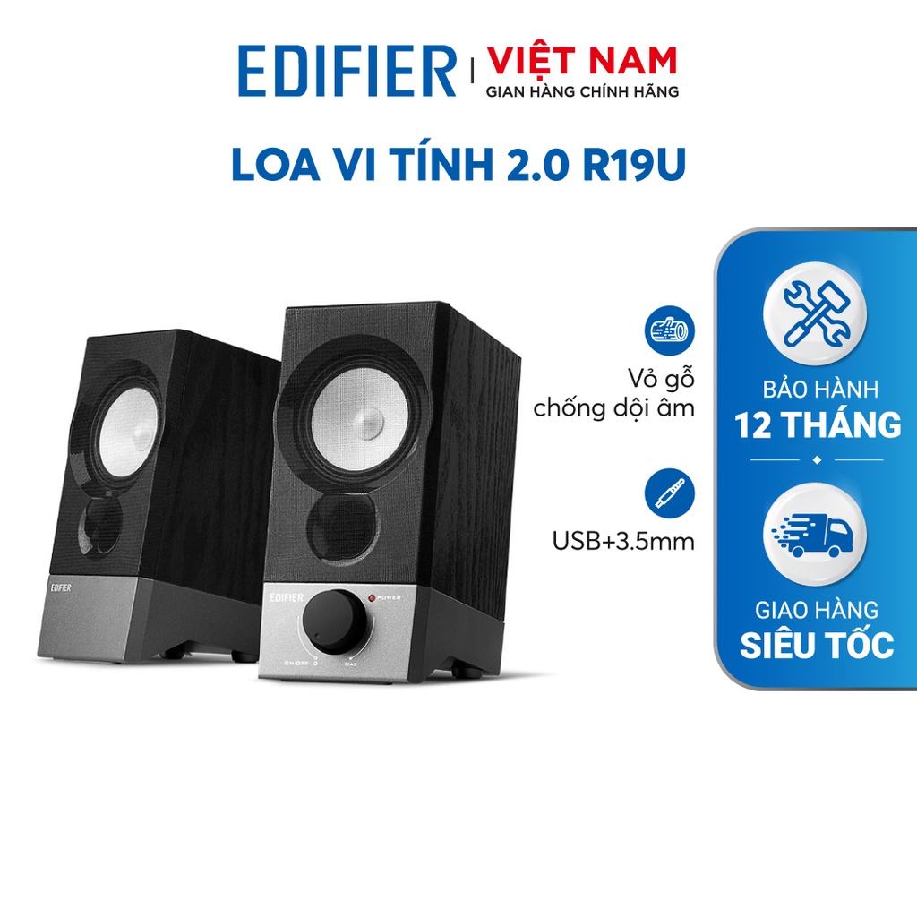 Loa vi tính EDIFIER R19U - 2.0 mini cổng nguồn USB - Thiết kể nhỏ gọn - Vỏ gỗ giảm dội âm Hàng phân phối chính hãng