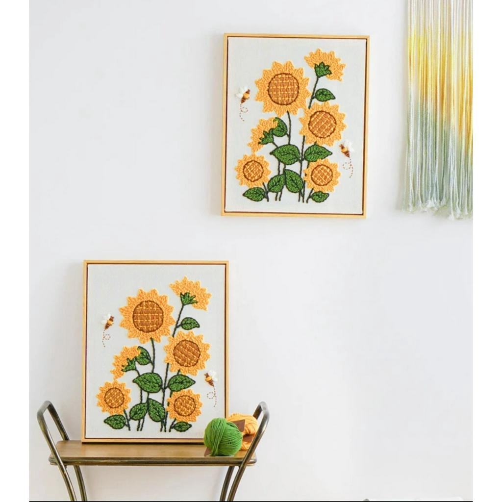 Bộ Thêu Len Xù Nổi- HOA HƯỚNG DƯƠNG - Punch Needle- Tranh gỗ treo tường, tranh decor, tranh th