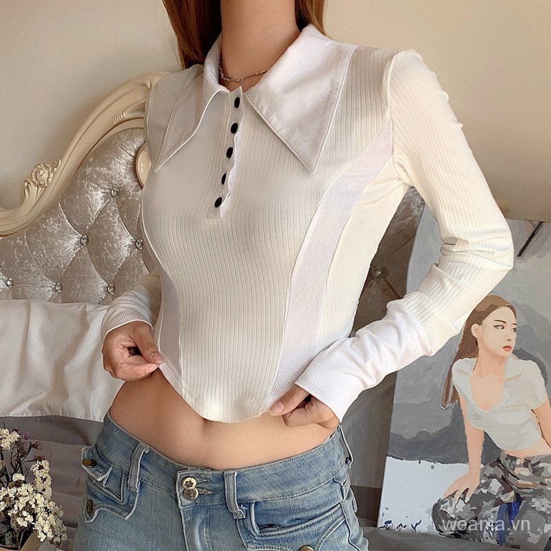 Áo thun cổ polo tay dài phối nút thiết kế độc đáo thời trang cho nữ