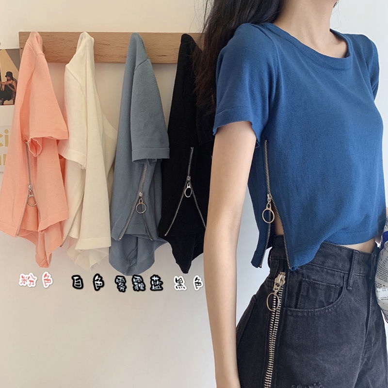 AMOI Áo Thun Cotton Tay Ngắn Có Khóa Kéo Thời Trang Cho Nữ