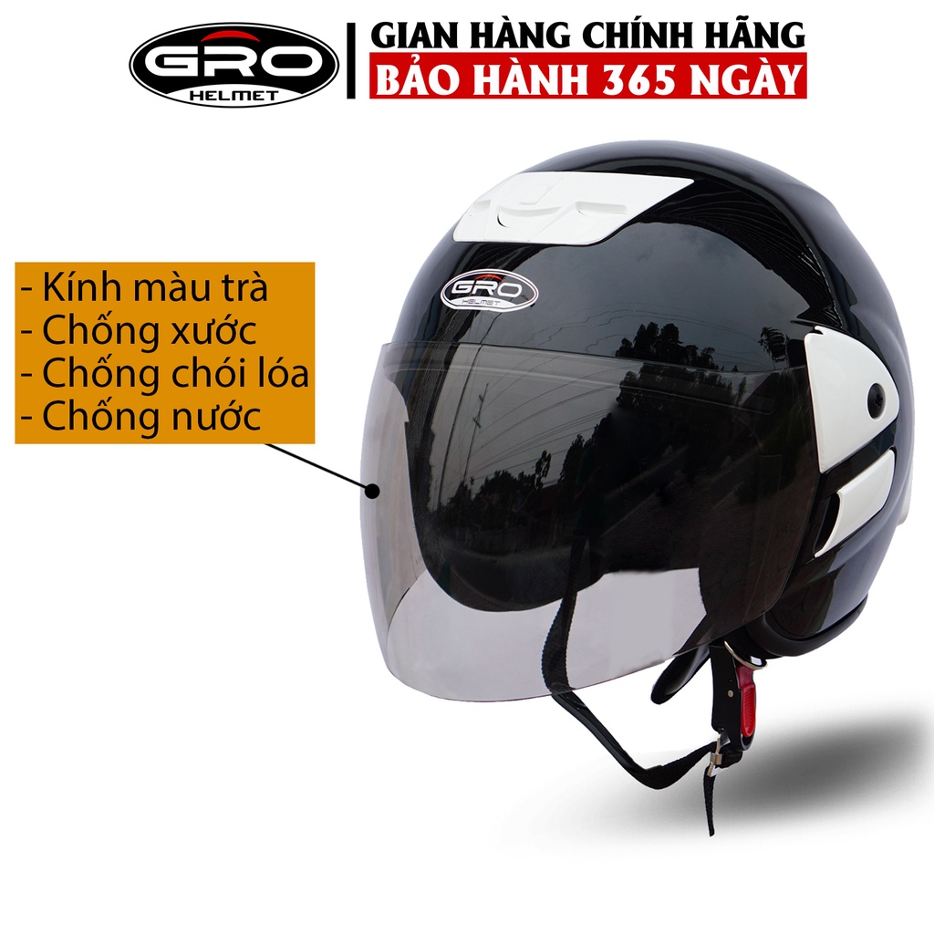 Mũ Bảo Hiểm 3/4 đầu GRO Helmet V2 có kính dài, kiểu dáng trẻ trung cho nam và nữ, khóa kim loại chắc chắn - Đen Bóng