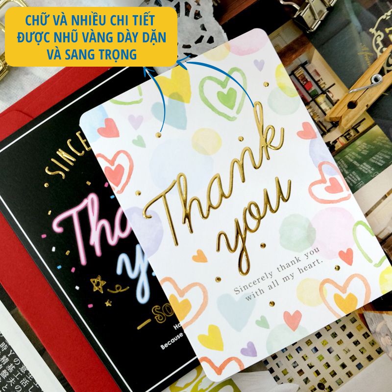 Thiệp giấy chủ đề Cảm ơn Thank you Card Cao Cấp Nhập Từ Đài Loan TK1530 Chữ Nhũ Vàng Họa tiết Cute 10.5x7.2cm