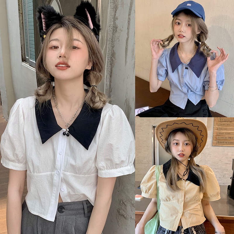 Áo Thun Crop Top Tay Ngắn Phồng Một Hàng Nút Cổ Bẻ Màu Sắc Ngọt Ngào Phong Cách Hàn Quốc Cho Nữ