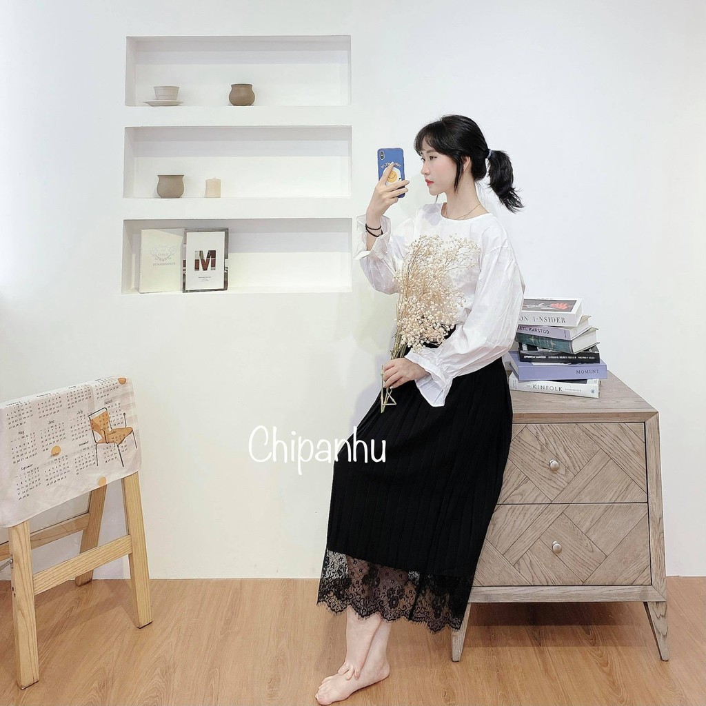 CHÂN VÁY XẾP LI ĐEN VIỀN REN❤️CHÂN VÁY XẾP LI DÀI❤️CV0180