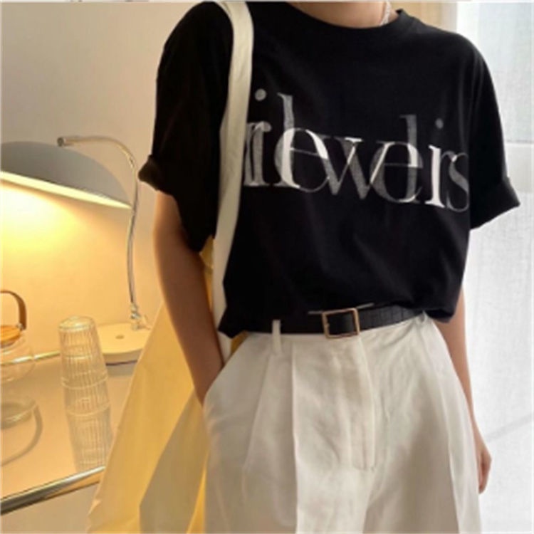 Áo thun IELGY tay ngắn dáng rộng in chữ phong cách Hàn Quốc thời trang mùa hè cho nữ