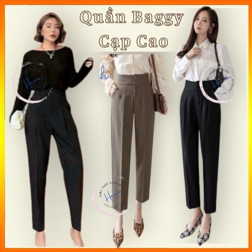 Quần Baggy Cạp Cao Bản To 2 Cúc Xếp Ly Chất Tuyết Mưa Mềm Mịn Đứng Form Màu Đen, Nâu Hanva