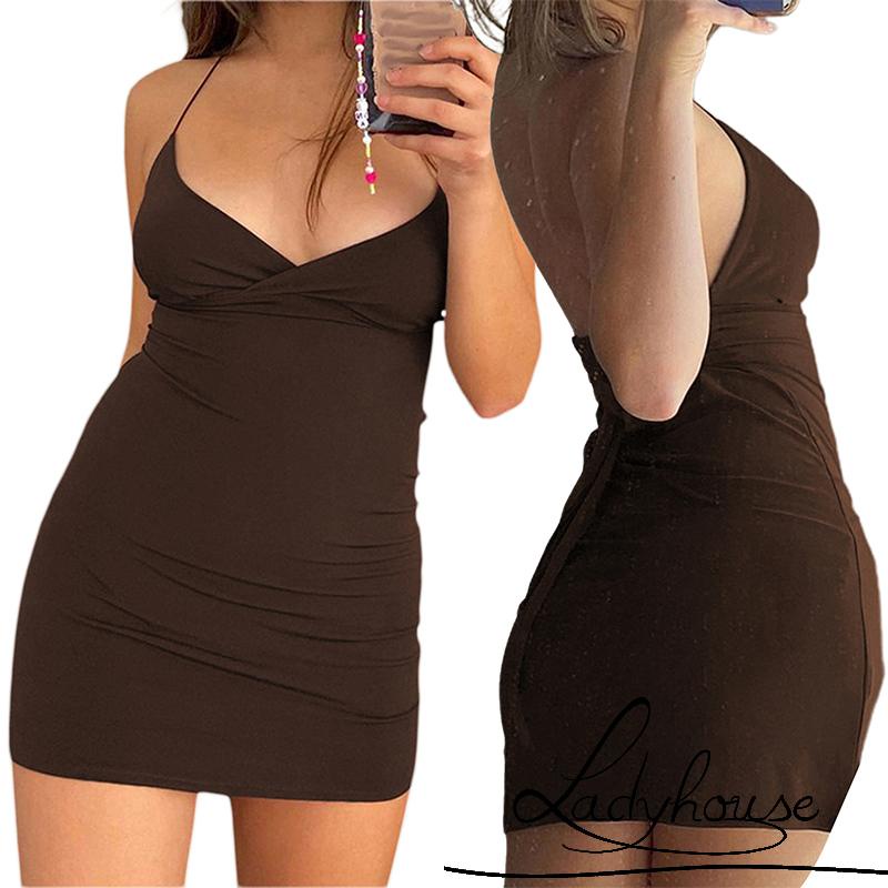 Đầm Ngắn Ôm Dáng Hai Dây Cổ Chữ V Hở Lưng Màu Sắc Trơn Dành Cho Nữ