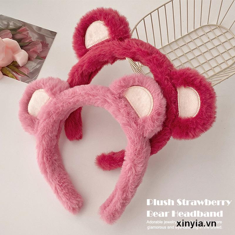 Băng Đô Cài Tóc Rửa Mặt Hình Gấu / Dâu Tây Bằng Lông Nhung Dễ Thương Xinh Xắn Cho Nữ