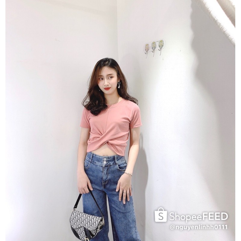 Áo Croptop Cotton vạt chéo mix quần bò suông, tên shop facebook: L.M clothing