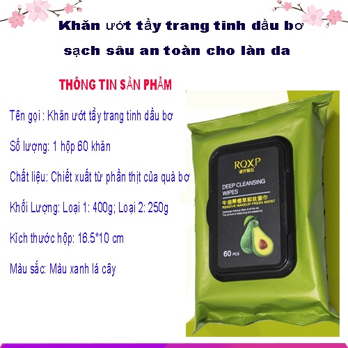 Túi 60 tờ khăn ướt tẩy trang bơ sạch sâu  an toàn cho da  mặt