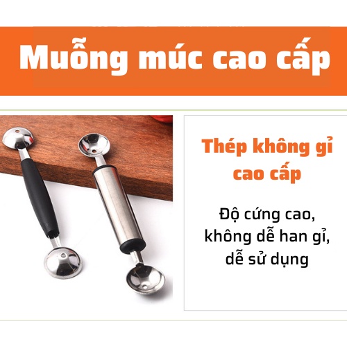 thìa muỗng inox múc 2 dầu tạo kiểu hình múc hoa quả, múc kem múc trái cây, muỗng decor cao cấp không gỉ an toàn sử dụng