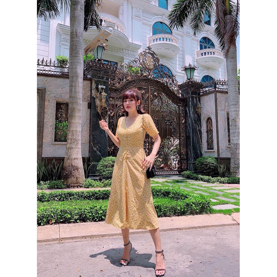 Đầm voan hoa lụa tay con kết nút hạt - có lót thun
