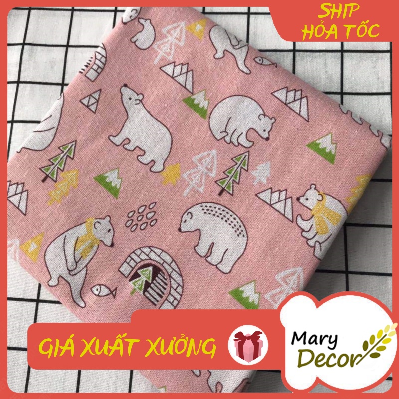 Vải linen họa tiết Gấu hồng nhạt V-H08