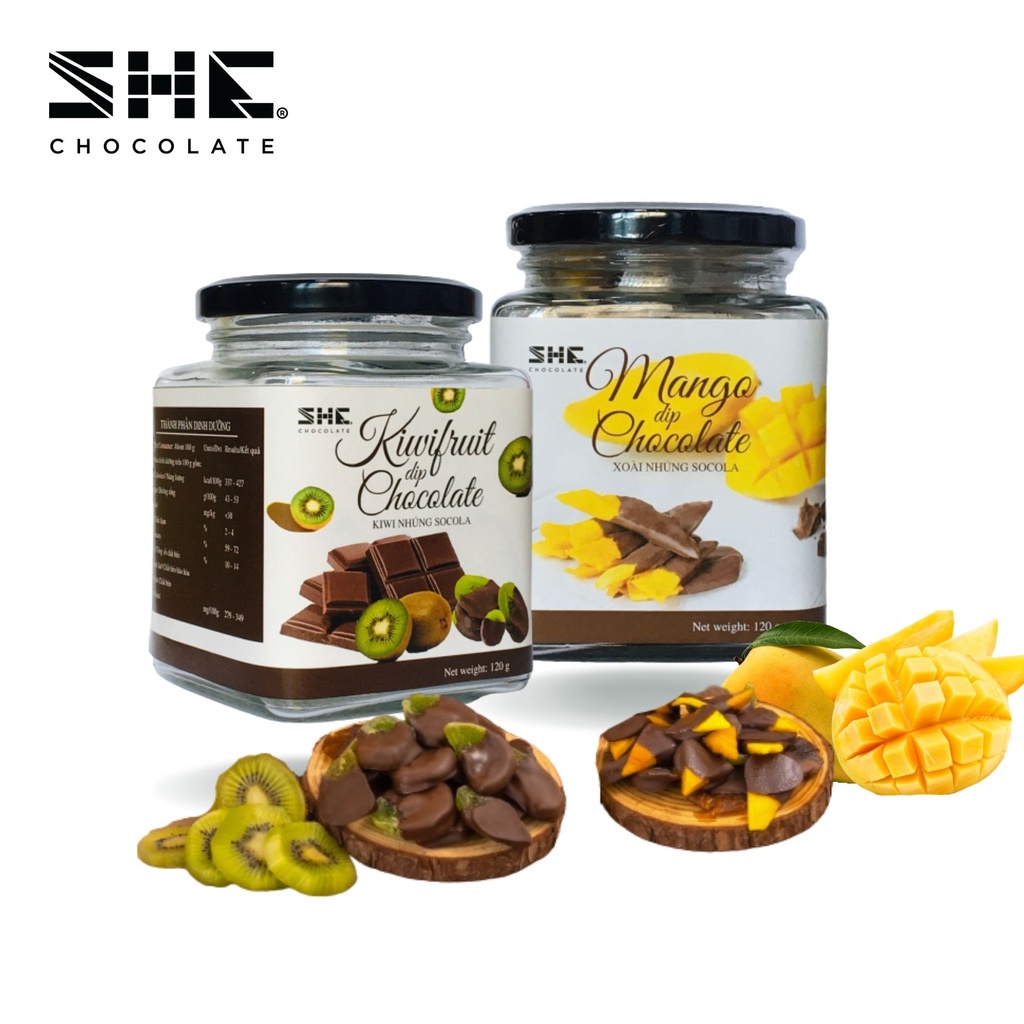 [Combo 2 hũ 120g] Xoài và Kiwi nhúng Socola - Hũ thủy tinh 120g - SHE chocolate - Siêu ngon và hương vị kết hợp mới lạ