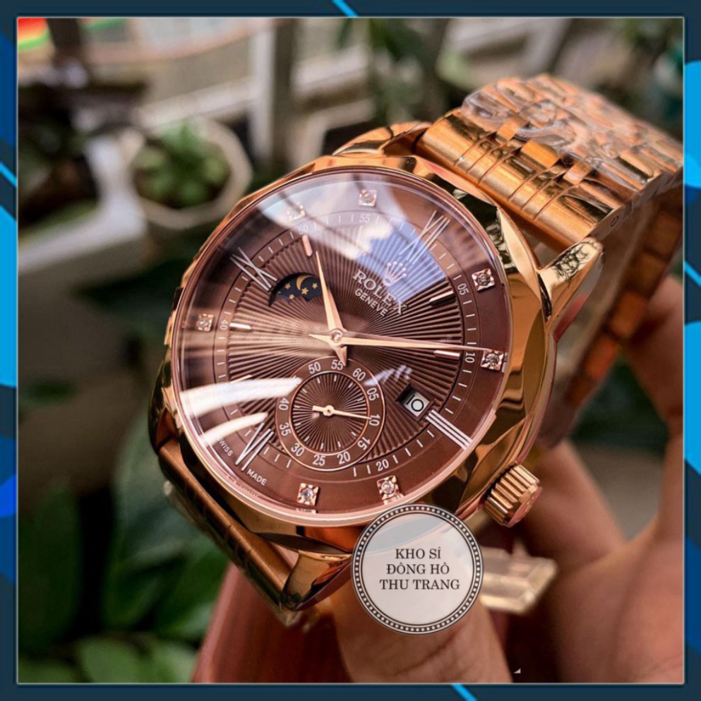Đồng hồ Nam Rolex máy nhật, mẫu 3kim cắt vát mặt nâu cafe viền vàng (hồng) dây thép, dòng cơ Automatic size 40mm-41mm ,