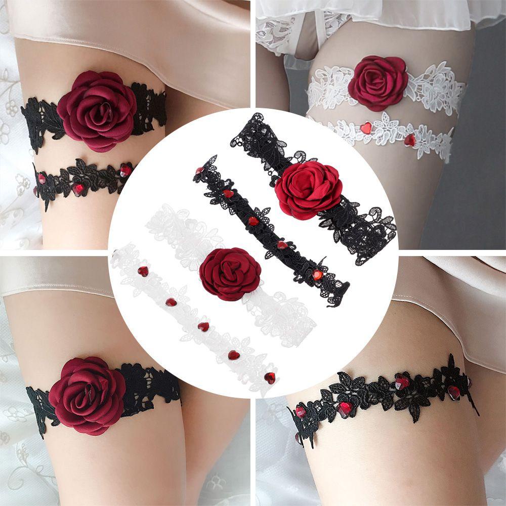 DIACHAVN Đai Nịt Bít Tất Chân Co Giãn Thêu Hoa Hồng Đỏ Đính Đá Thủ Công