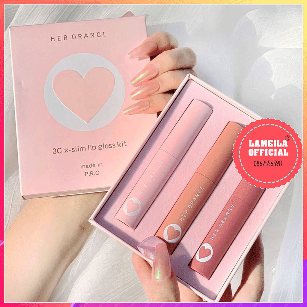 Set 3 Son Kem Lì HERORANGE trái tim Slim Lip Gloss Kit P0260