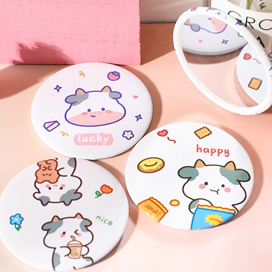 Gương Mini Cầm Tay Bò Sữa MỚI Siêu Dễ Thương - Gương Tròn Cầm Tay Bỏ Túi Họa Tiết Bò Sữa Molangshop