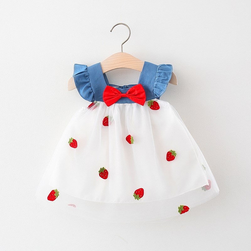 Váy bé gái cánh tiên thêu dâu và cherry dễ thương  từ 6 tháng đến 4 tuổi