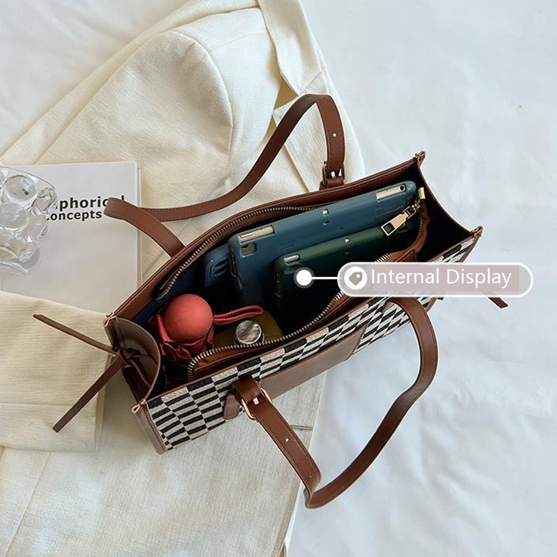 Túi tote đeo vai IELGY họa tiết kẻ sọc ca rô phong cách cổ điển thời trang dành cho nữ