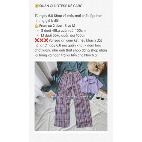 Quần ống rộng Cullotes Kẻ Caro Quảng Châu From Cạp Cao Siêu Hách Dáng , Có Size S M YANSOO