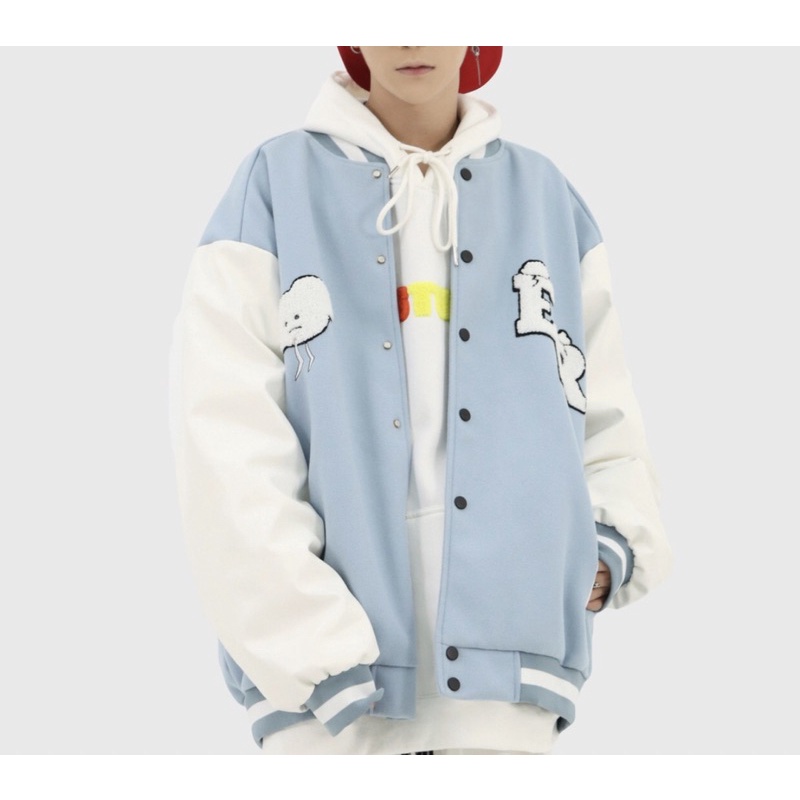Áo bomber - Jacket varsity chất dạ tay da thêu xù 100% trái tim ER chính hãng