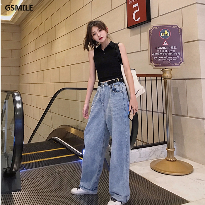 Quần jeans nữ ống rộng phong cách Hàn Quốc