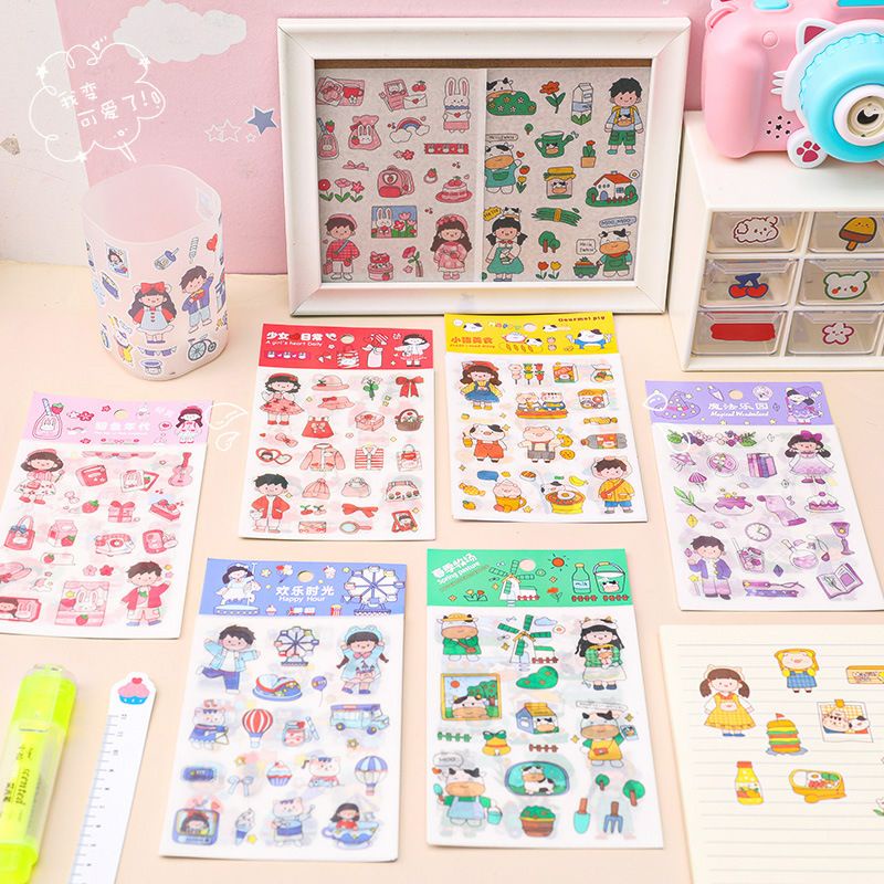 Sticker set 4 tấm cắt dán trang trí sổ hình cô bé theo các chủ đề