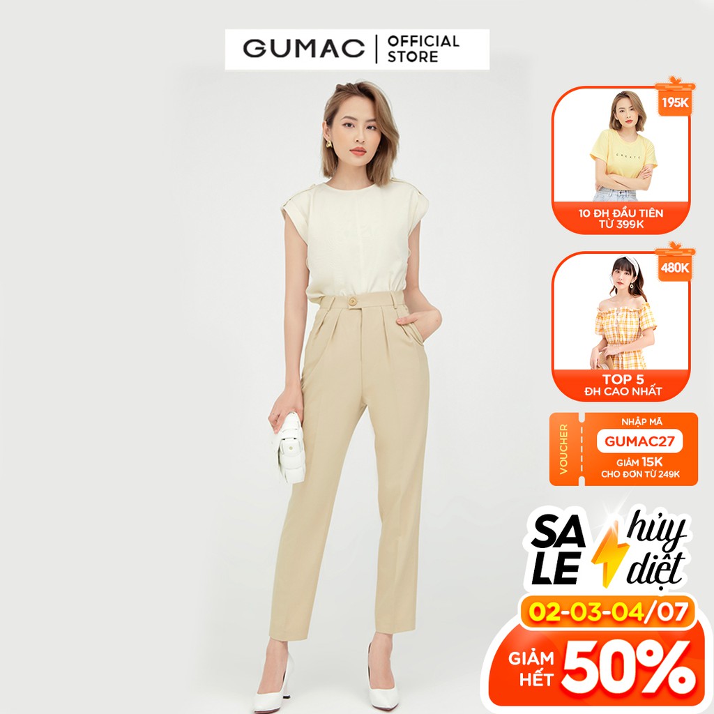 [Mã WABRGU72 giảm 10% tối đa 50k đơn 250k] Quần tây nữ xếp ly GUMAC ống bó màu be QB5132 | BigBuy360 - bigbuy360.vn