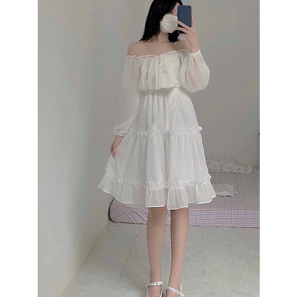 váy trắng tiểu thư trễ vai tay bồng dáng dài hai lớp, đầm trắng dự tiệc bánh bèo sang chảnh | BigBuy360 - bigbuy360.vn