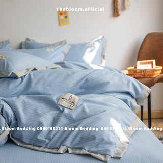 Set Chăn Ga Gối Cotton Silk Đũi 4 món - Xanh viền ghi (Hàng loại 1)