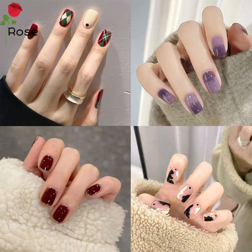 Hộp 24 móng tay giả ngắn đầu tròn/vuông họa tiết tùy chọn dạng ấn có thể đeo vào và tháo ra