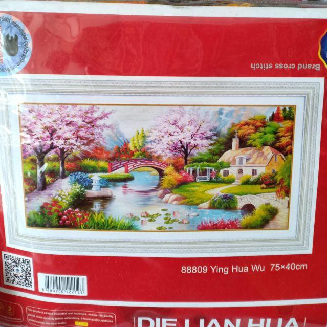 Tranh thêu chữ thập ngôi nhà mùa xuân tuyệt đẹp kt nhỏ xinh 75*59cm hình thật