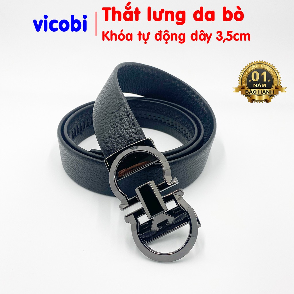 Thắt lưng nam Da Bò mềm Vicobi mặt đen, dây nịt khoá tự động 3,5cm có mặt chống rỉ và xước , Made in VietNam